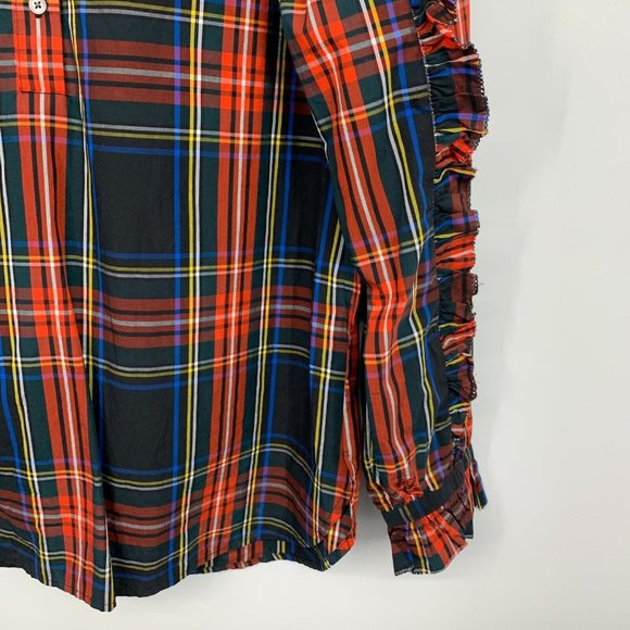 J.Crew Top Black Red Plaid Button Popover Ruffle Long Sleeve - Picture 8 of 13